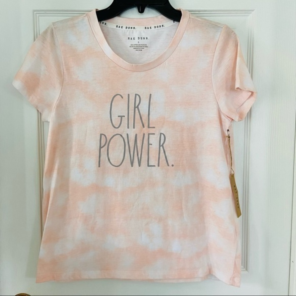 NWT RAE DUNN pink & white cloud tie dye GIRL POWER. Short Sleeve top SZ small